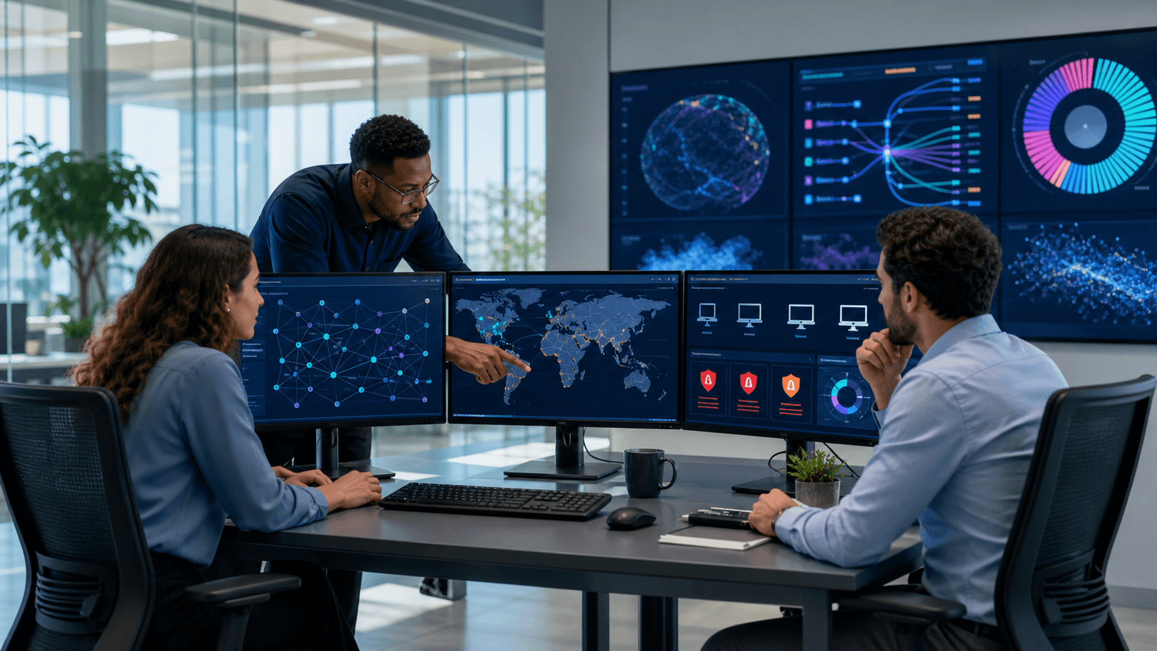 Glowing blue cybersecurity dashboard with network nodes, shield icons, and layered digital data panels on a dark background.
