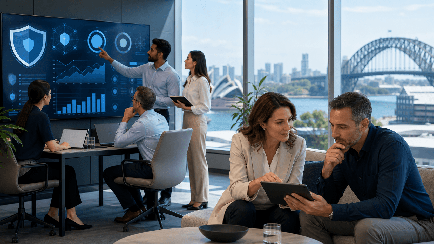 Sydney skyline at dusk overlaid with blue cybersecurity shield icons and glowing digital network lines
