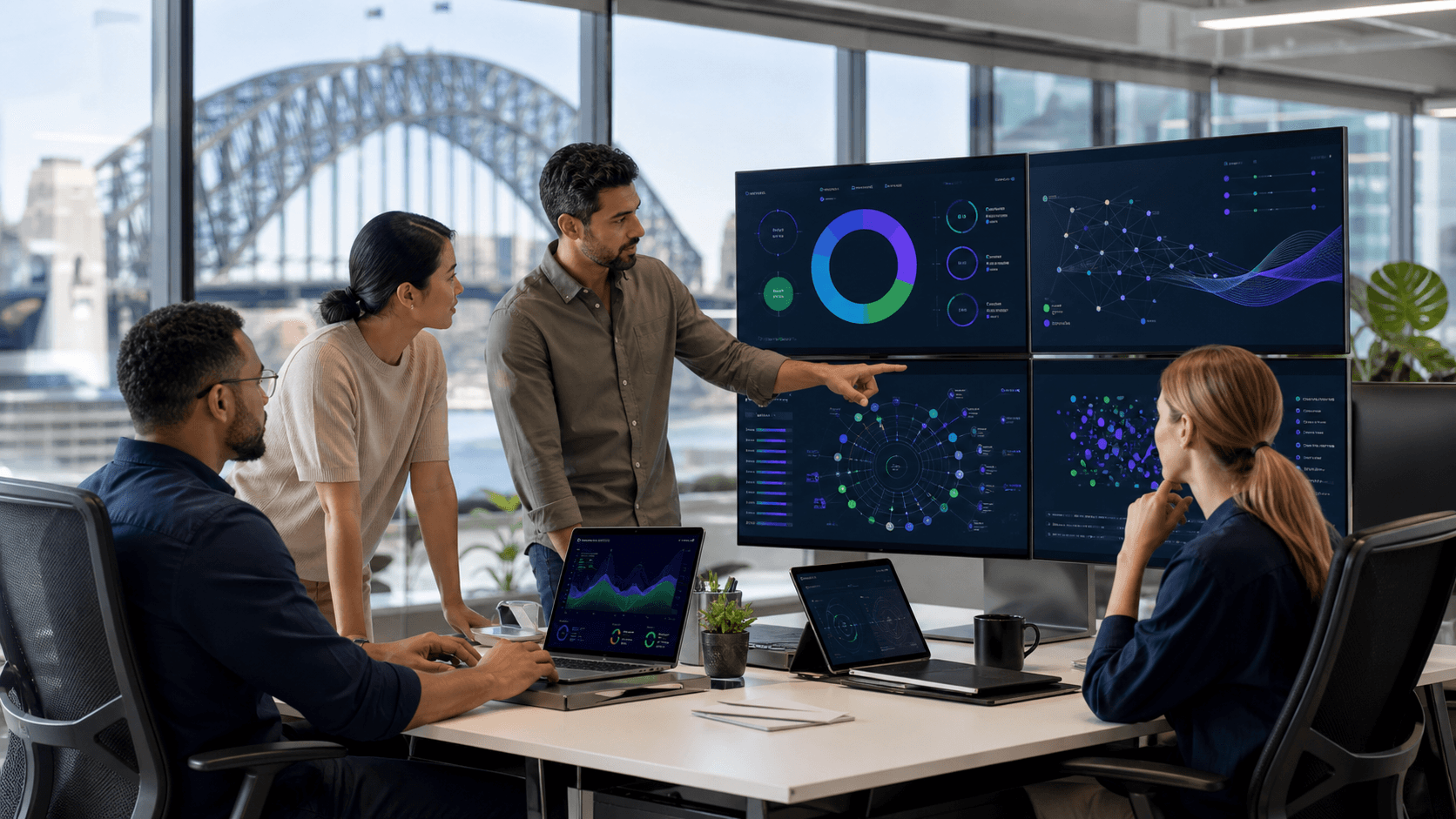 Blue-toned laptop screen with cybersecurity code, shield icon, and glowing Australian map outline.