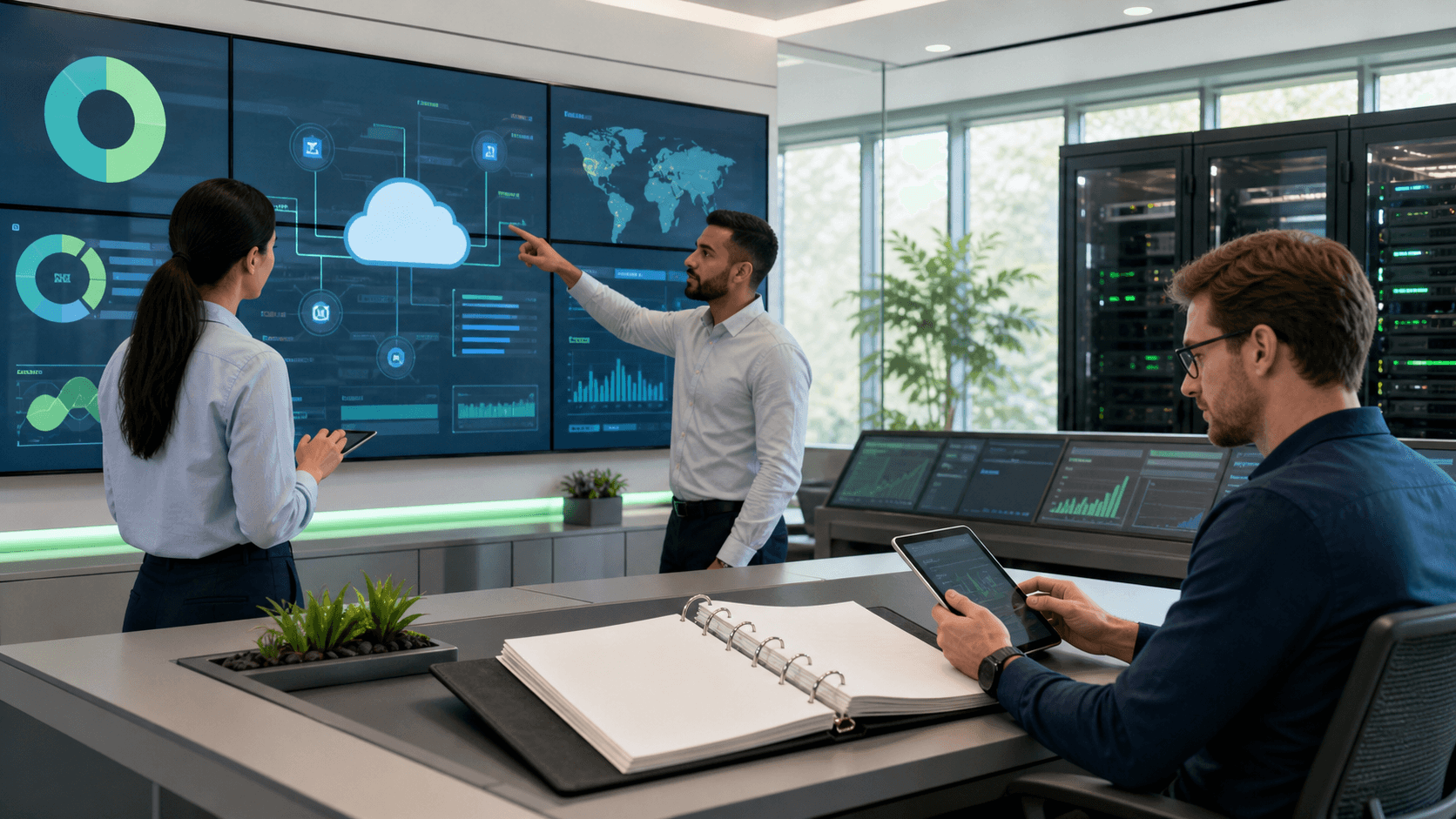 Blue cloud operations dashboard with AI workflow nodes, shield icons, and glowing compliance checkmarks on a dark background