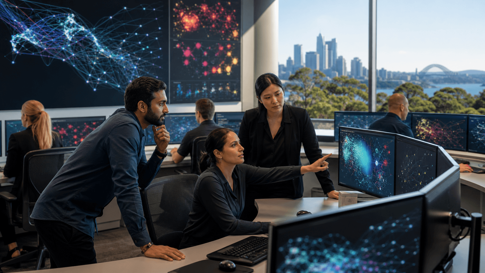 Blue-toned cybersecurity dashboard with glowing network icons over an Australian city skyline at night.