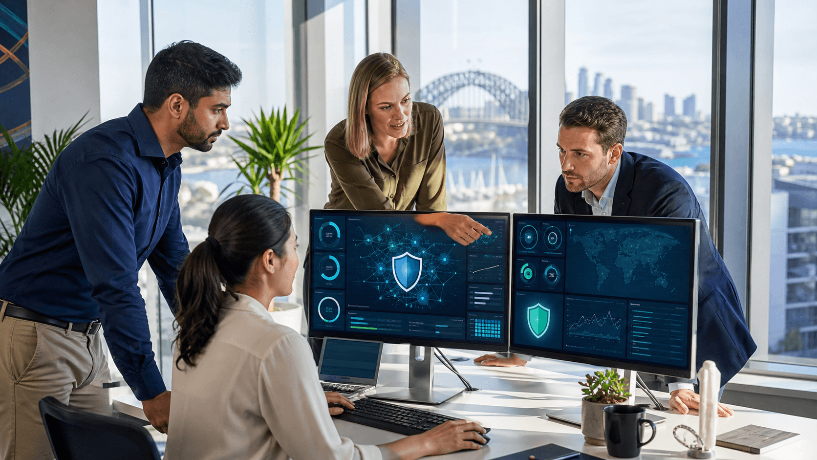 Blue digital shield with glowing network lines over an Australian map on a dark tech background.